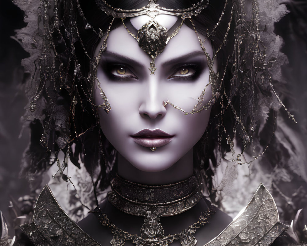 Fantasy portrait of woman with dark makeup and elaborate headgear