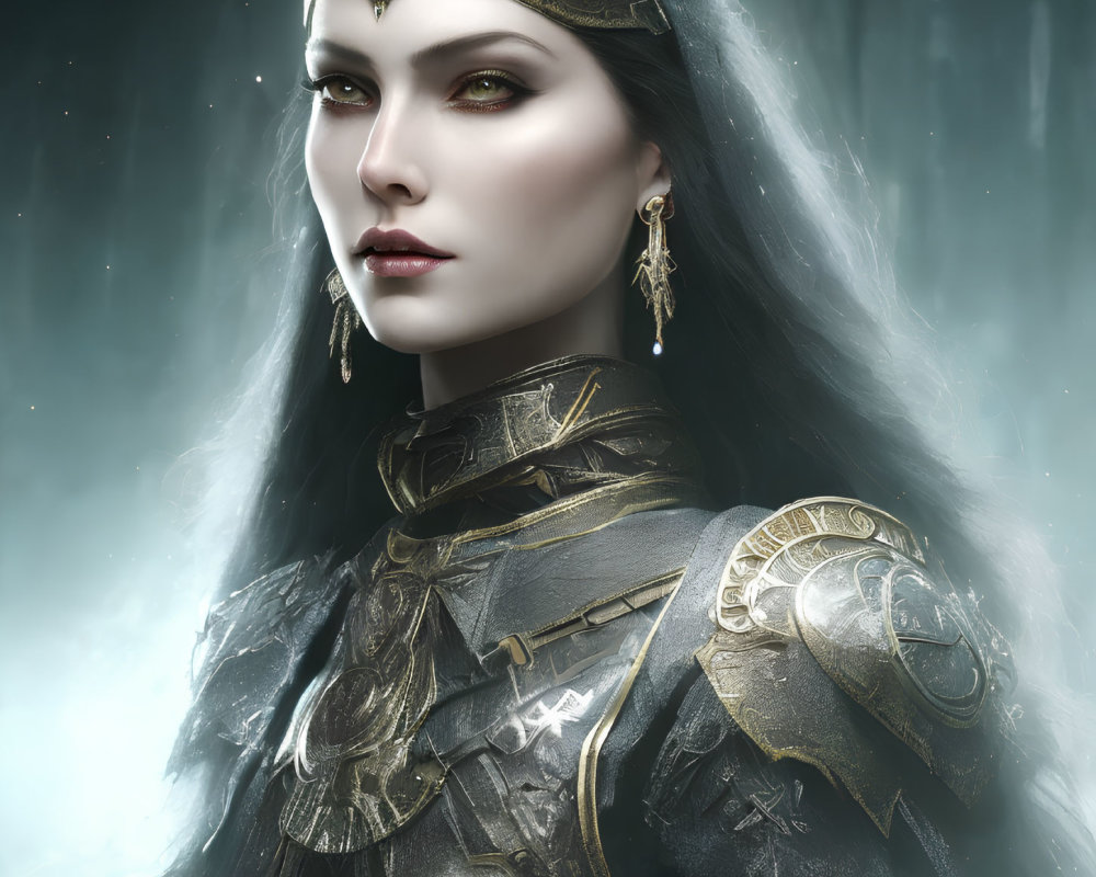 Regal woman portrait with golden crown and armor in misty backdrop