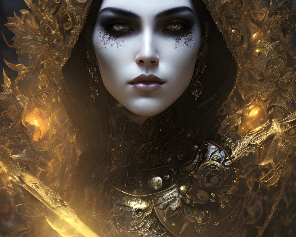 Woman with dramatic makeup and glowing sword in ornate gold armor