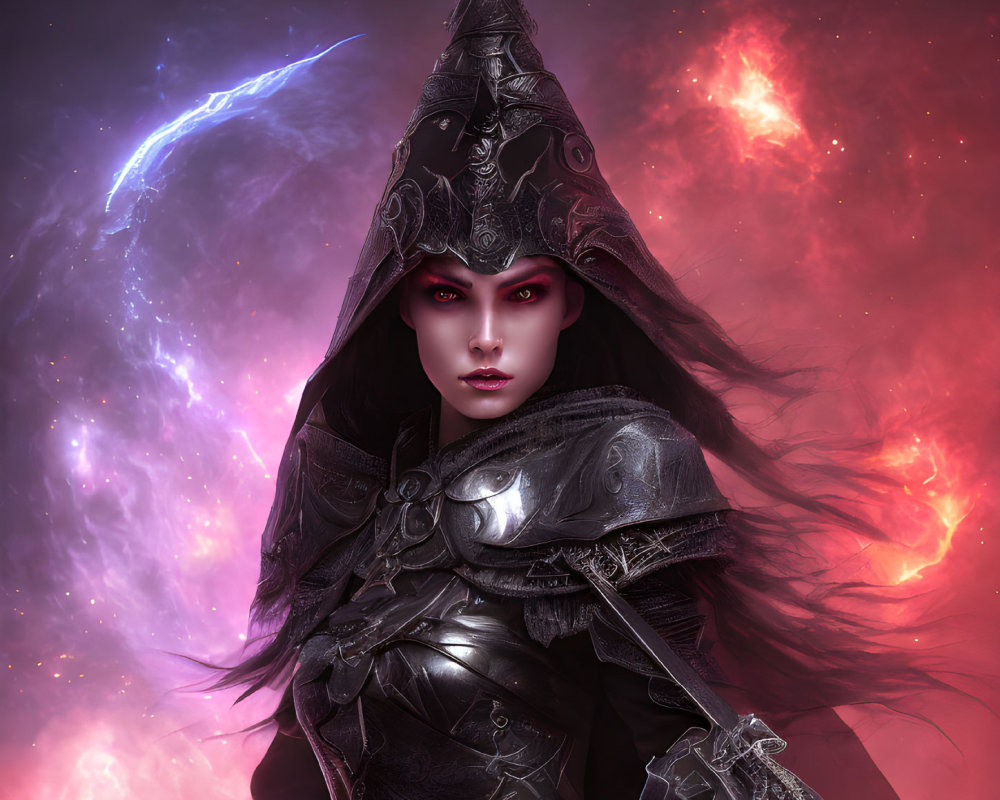 Fantasy female character in dark armor with pointed helmet against cosmic backdrop with blue lightning bolt