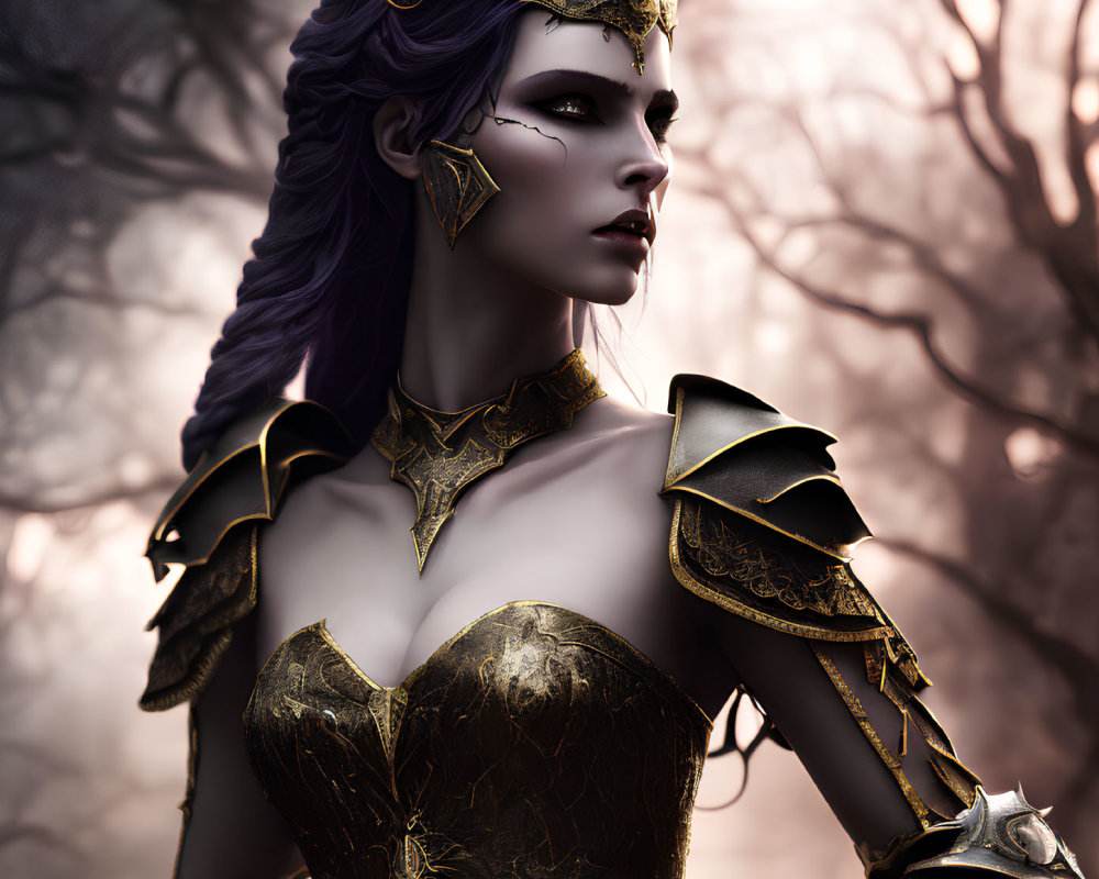 Fantasy Female Character with Purple Hair and Golden Armor in 3D Illustration