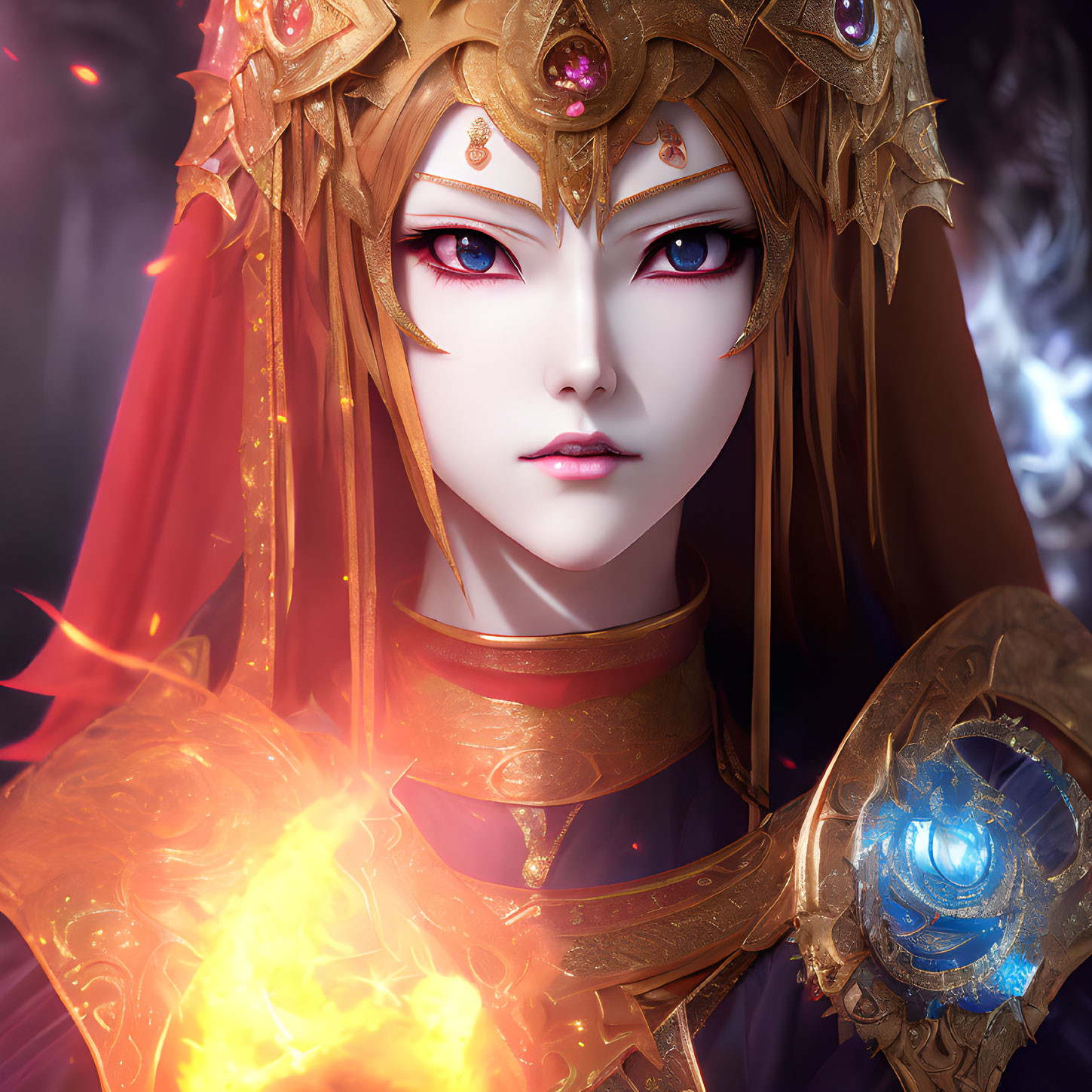 Regal female character in golden armor with fiery orb and purple eyes