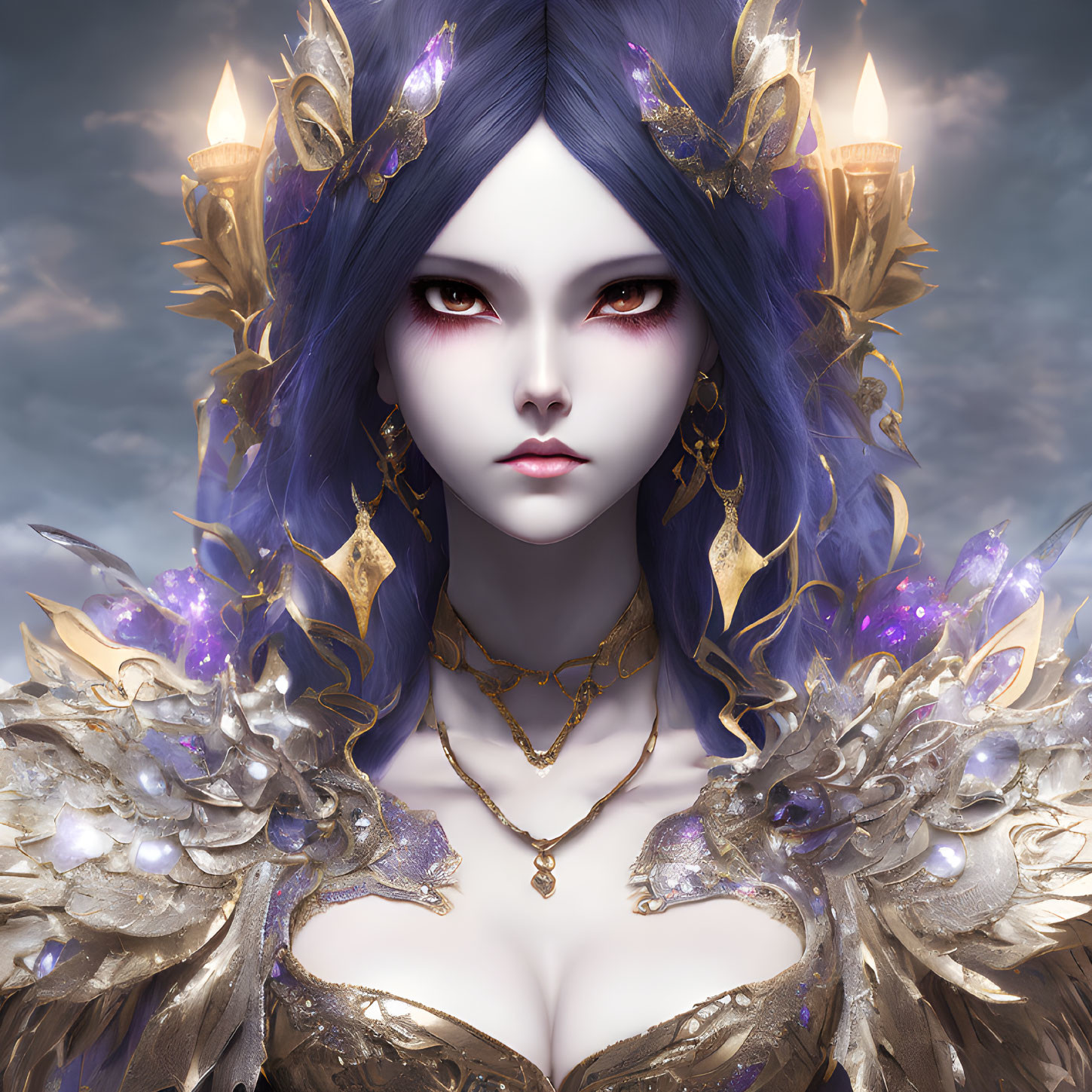 Illustrated female figure with purple hair and ornate gold shoulder armor against moody sky