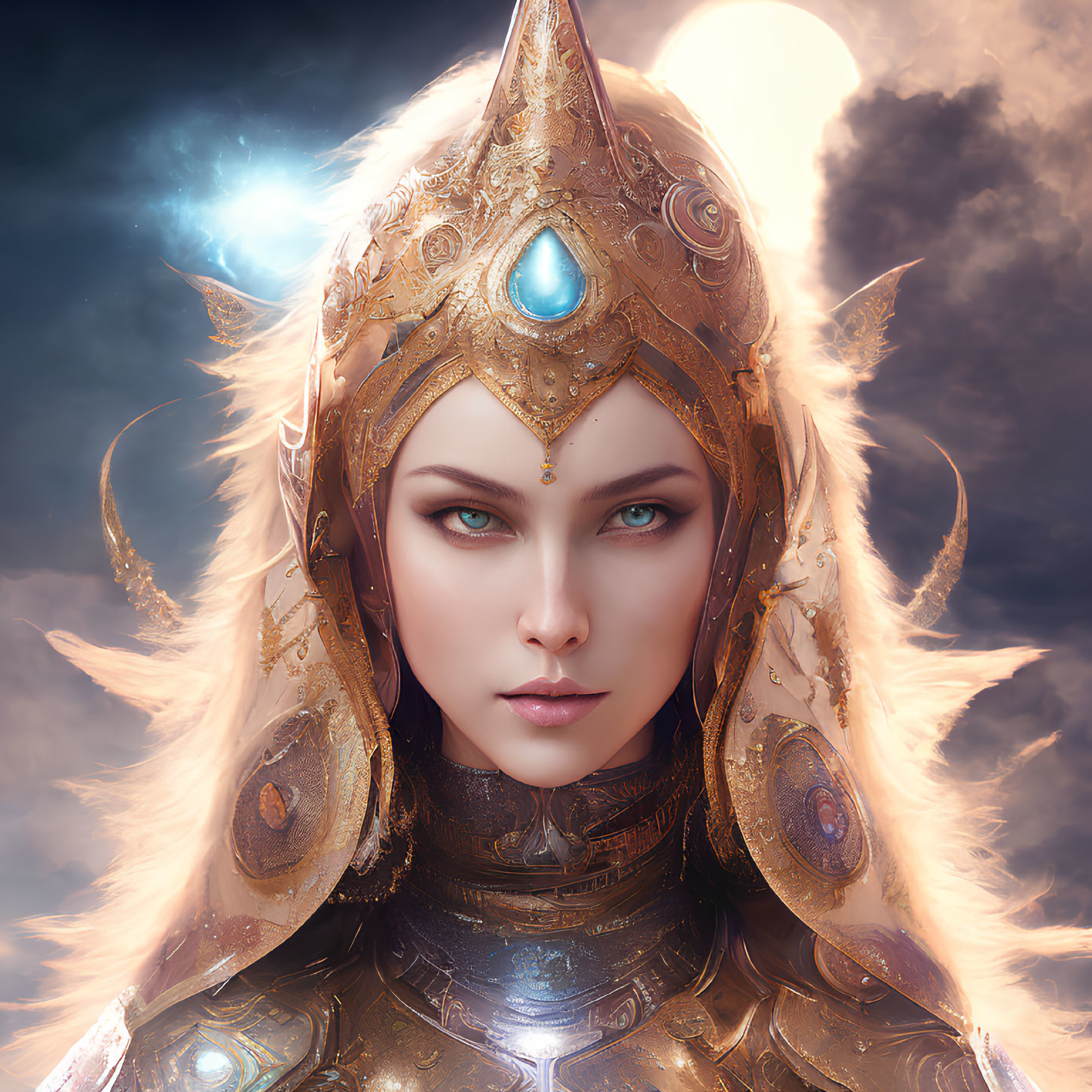 Digital artwork: Female character in golden armor with blue gem, stormy sky background