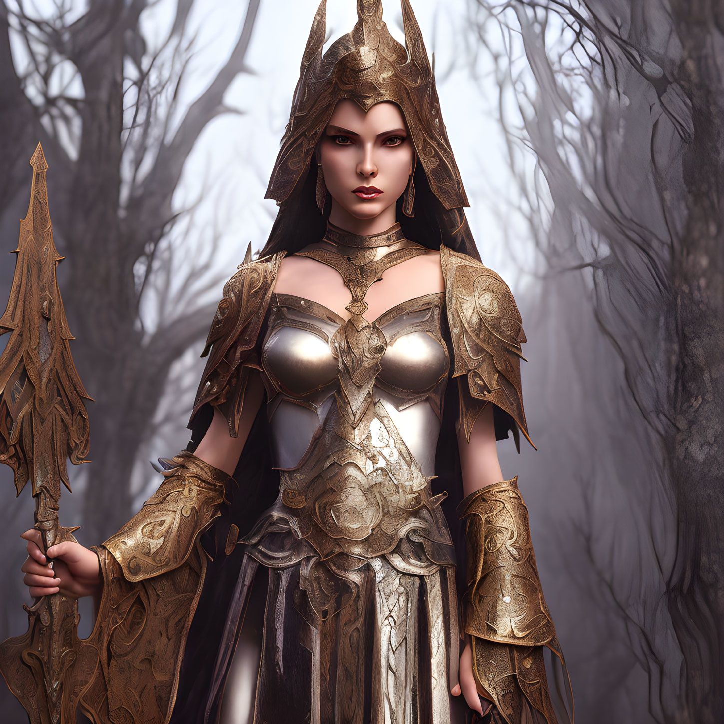 Female warrior in golden armor and regal helmet in misty forest
