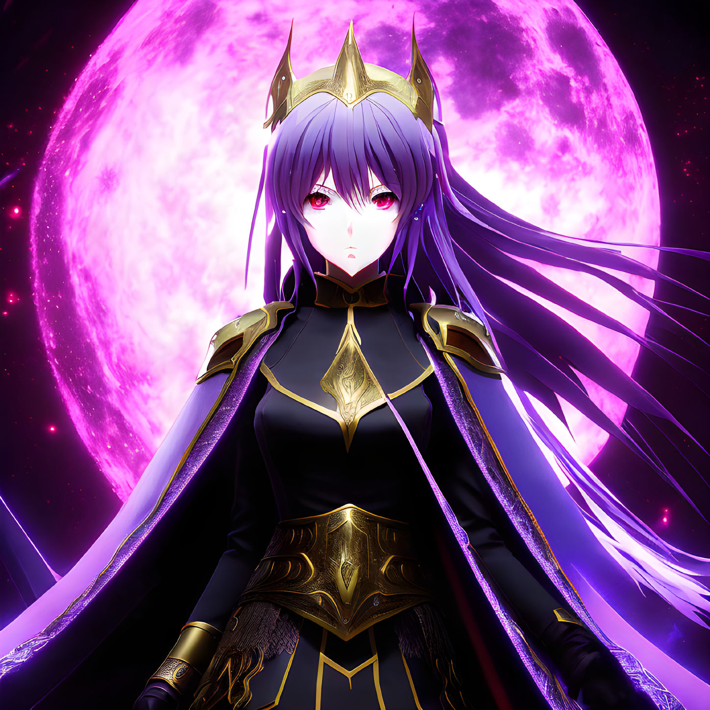 Purple-haired anime character in golden crown and armor under pink moon