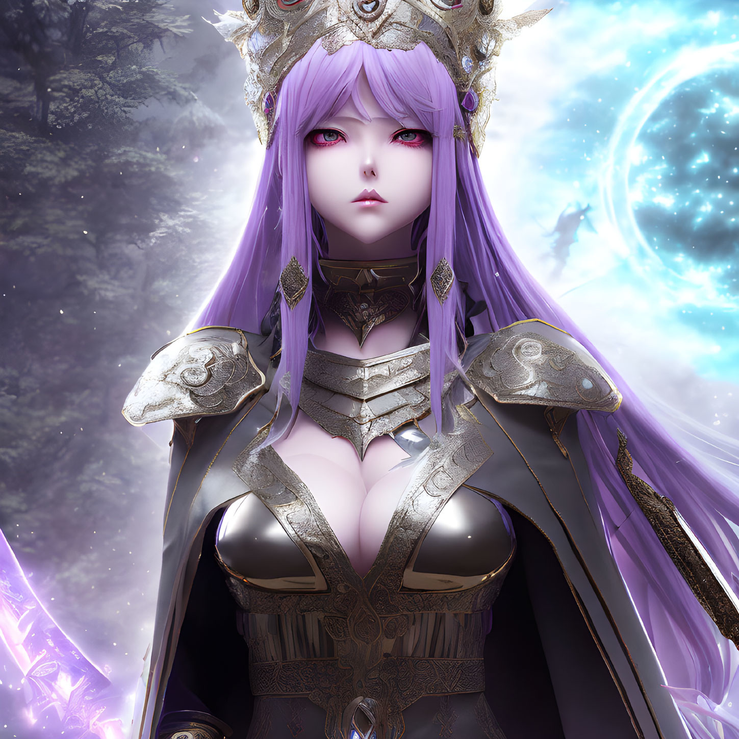 Regal Female Anime Character in Silver Armor with Purple Hair