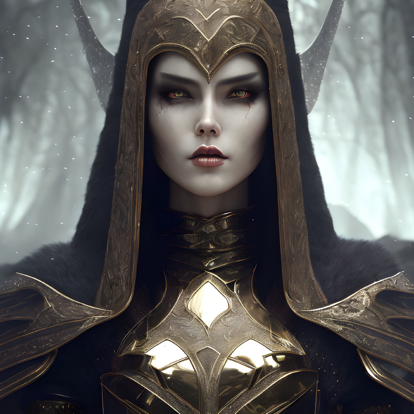 Female figure with red eyes, pale skin, and golden armor in snowy setting