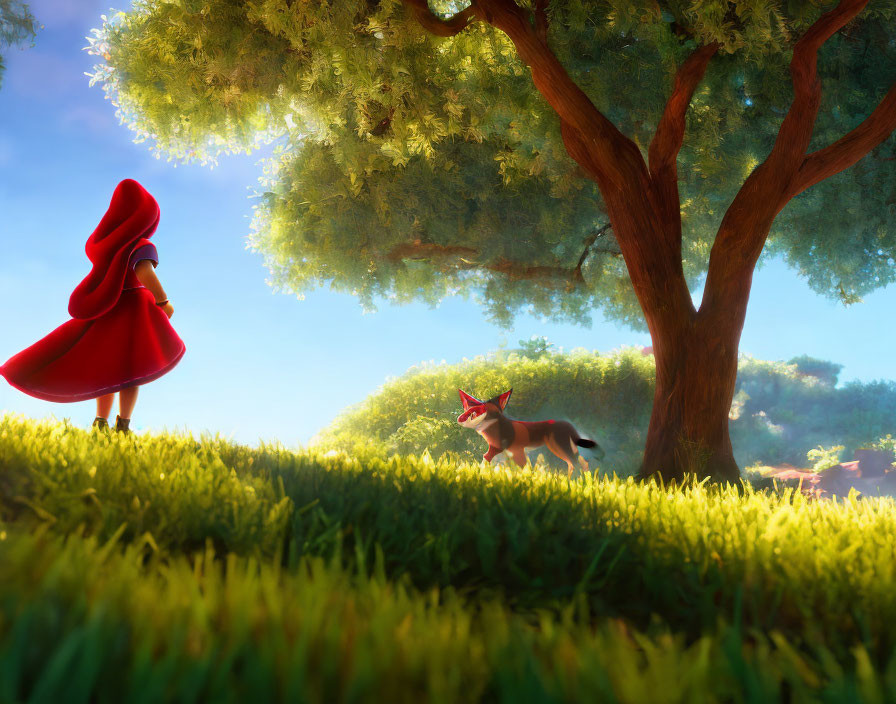 Girl in Red Hood and Cape with Curious Fox in Sunlit Forest Clearing