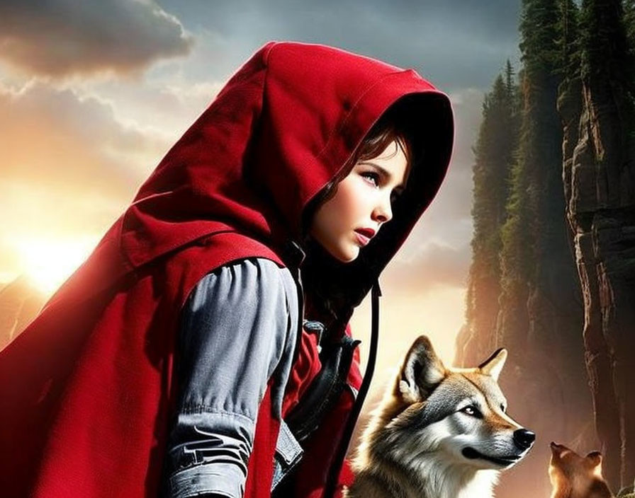 Girl in Red Hood with Wolf Under Dramatic Sky & Towering Cliffs
