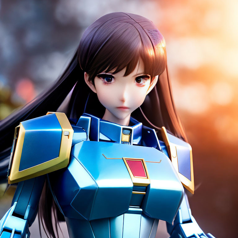 Female anime character in blue mech suit with long hair in 3D render