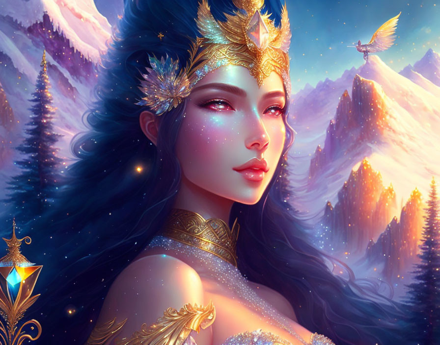 Ethereal woman in golden crown and armor in snowy landscape with mystical birds and lanterns