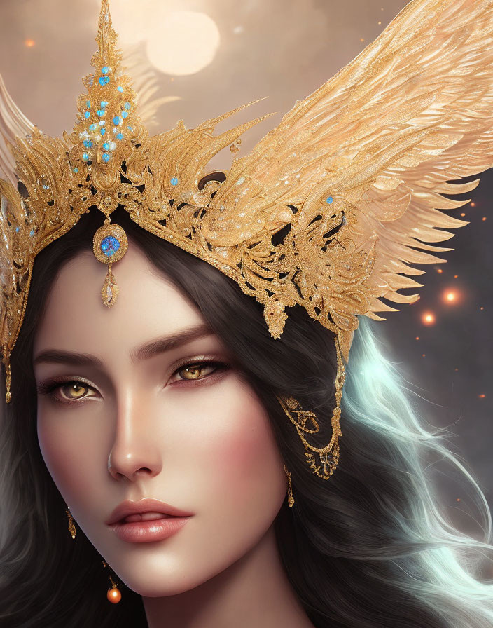 Illustrated Woman with Golden Crown and Feathered Wings in Moonlit Scene