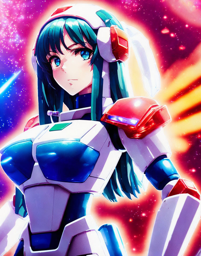 Anime-style illustration: Girl with green hair in white and blue mecha suit on cosmic background