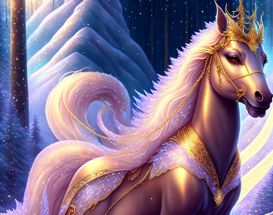 Golden-horned unicorn with shimmering mane in mystical forest setting
