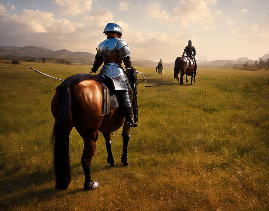 Two armored knights on horseback in open field with hills and sky.