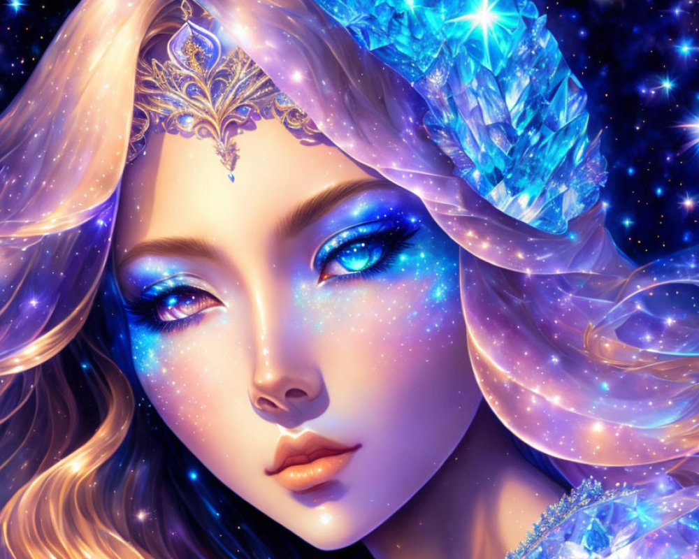 Fantastical woman with blue eyes and crystal tiara in digital art portrait
