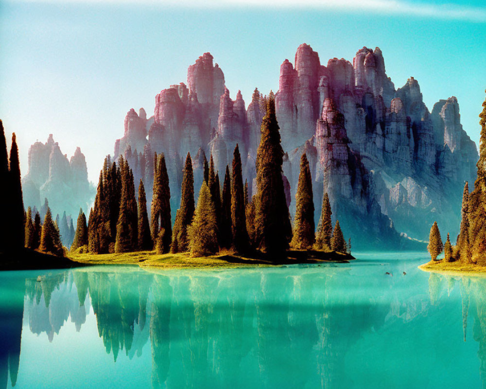 Tranquil lake mirroring rock formations and conifers under blue sky