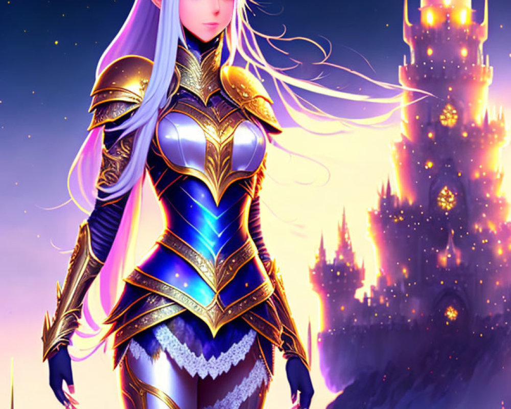 White-haired elf in blue and gold armor at sparkling castle under starry sky