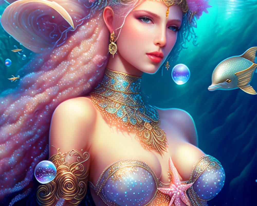 Mermaid with golden jewelry, crown, fish, bubbles, flowing hair