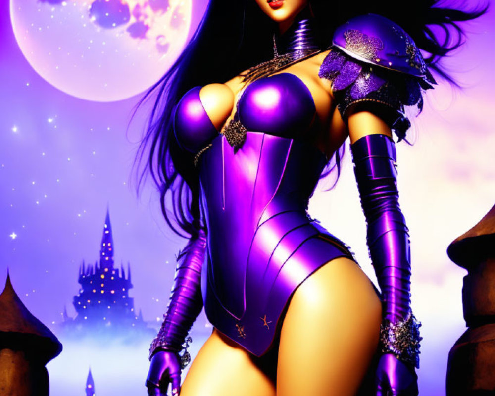 Female warrior in purple armor with moon and castle silhouette