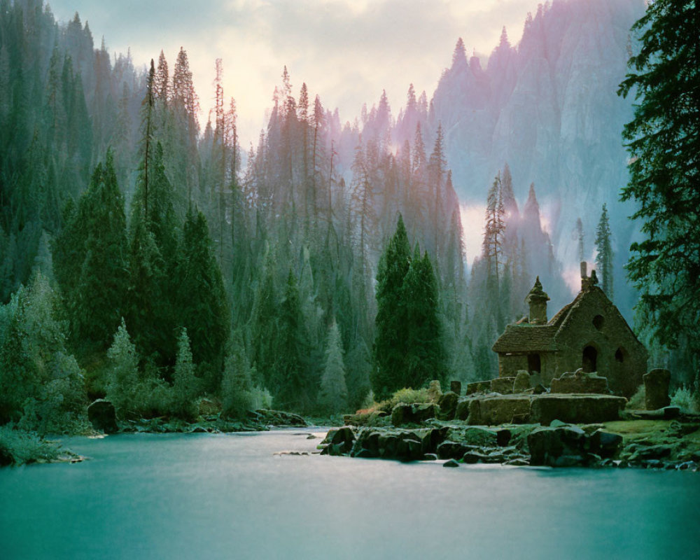 Stone cabin by river in misty mountain setting