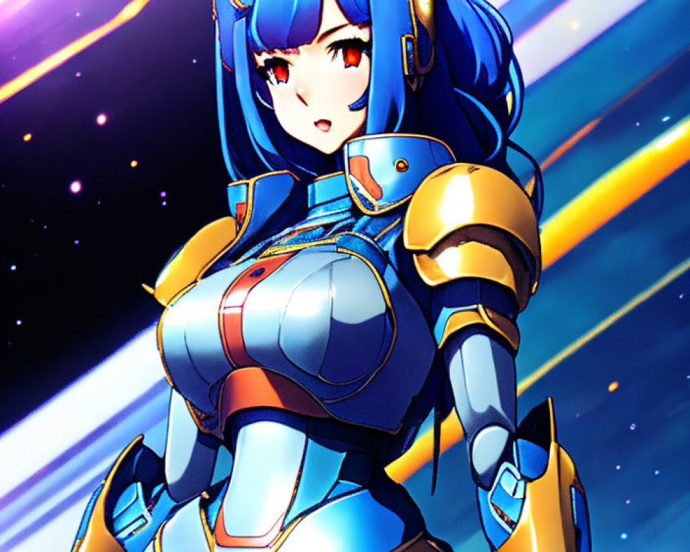 Futuristic female character in blue and gold armor against cosmic backdrop