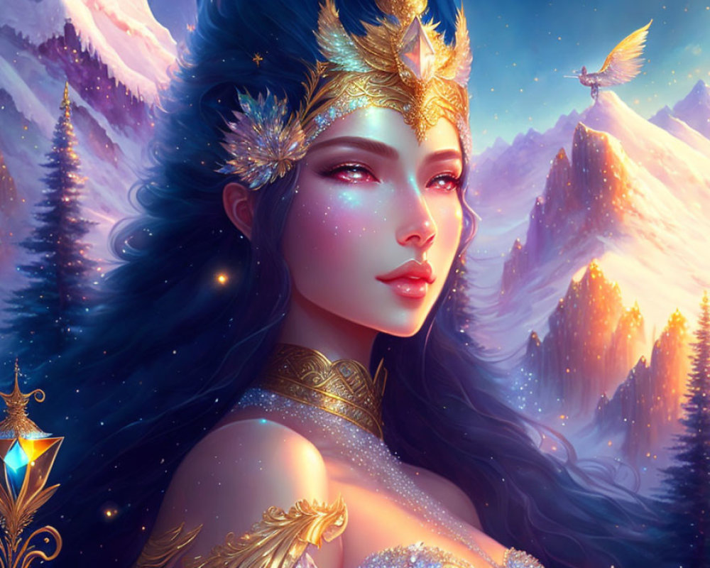 Ethereal woman in golden crown and armor in snowy landscape with mystical birds and lanterns