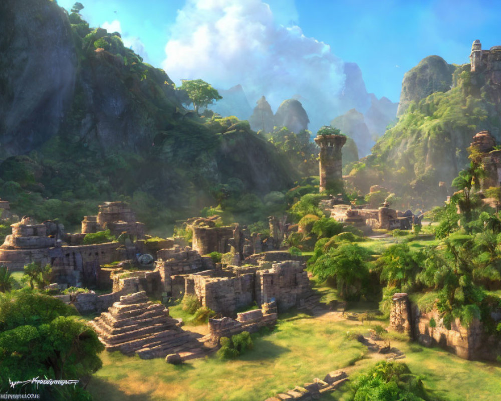 Sunlit landscape with ancient ruins in verdant jungle & mountains under hazy sky