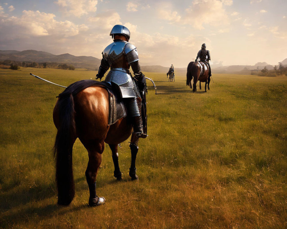 Two armored knights on horseback in open field with hills and sky.