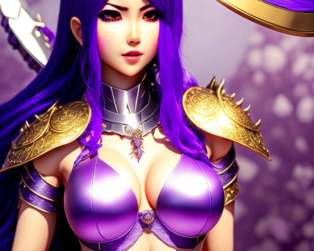 Female character with long purple hair and ornate golden armor in 3D illustration