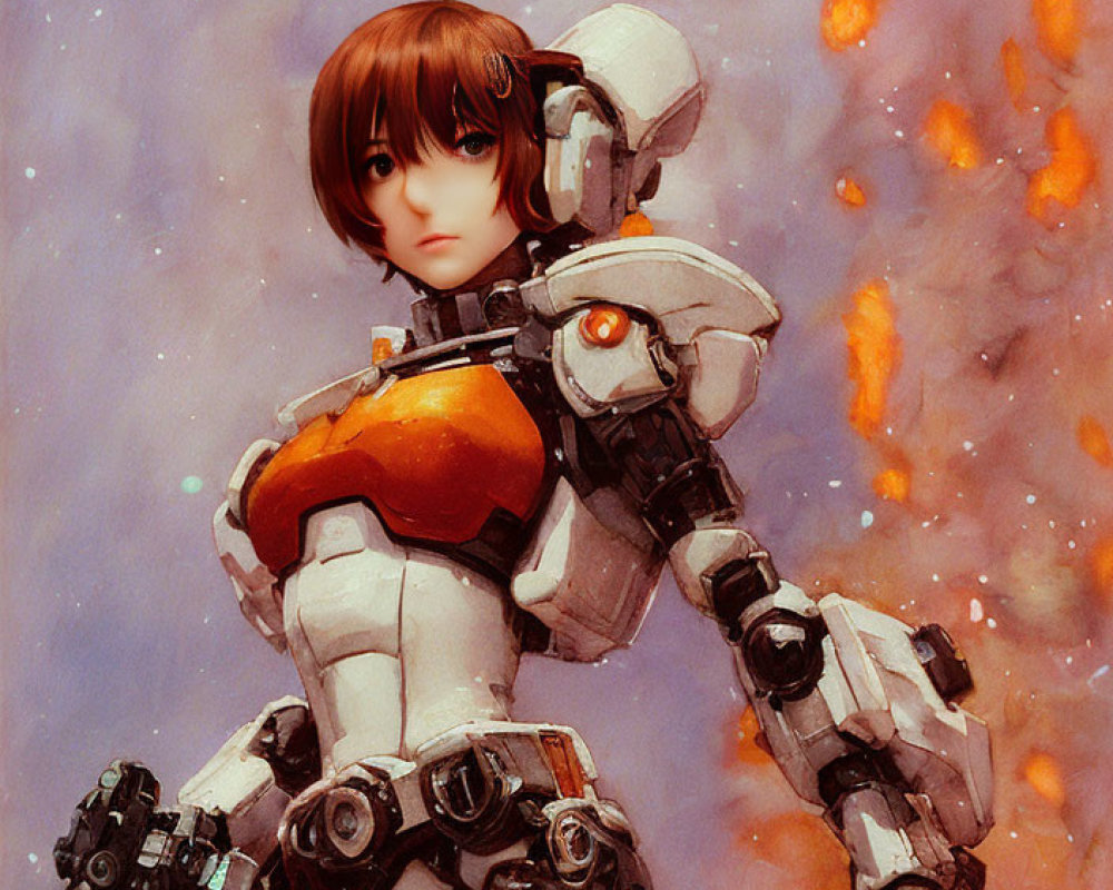 Digital illustration: Person in white and orange mech suit with short brown hair, glowing orange embers in