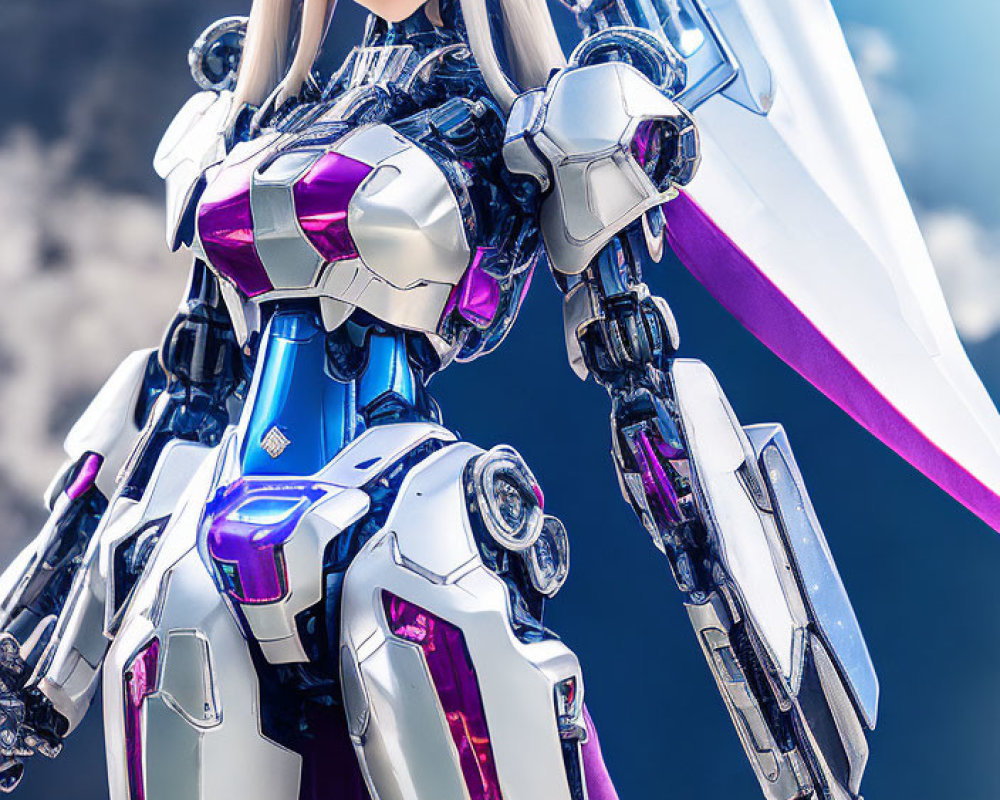 Detailed Female Anime-Style Mecha Figure with Silver Hair and Wing-Like Blades