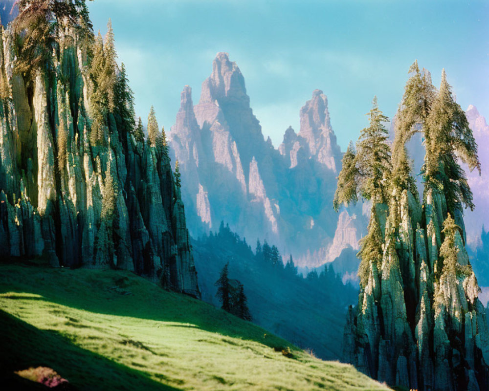 Scenic green meadow with mountains, trees, and blue sky