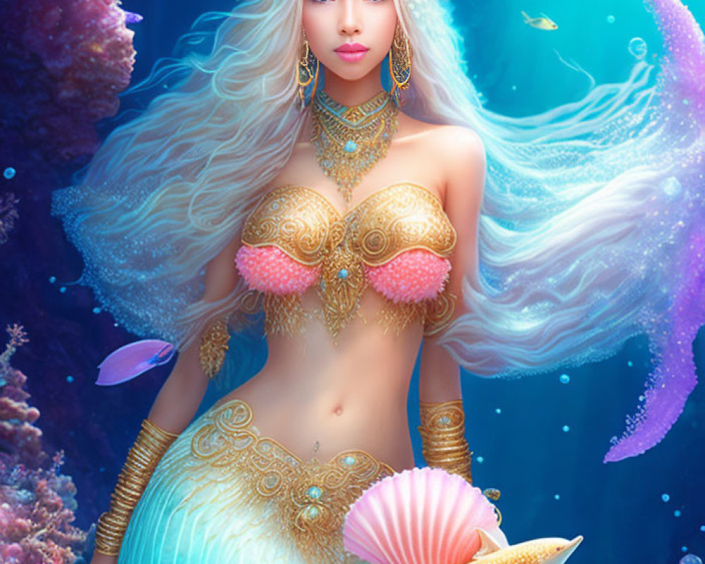 Mermaid with golden jewelry and blue tail in underwater scene surrounded by fish and coral reefs