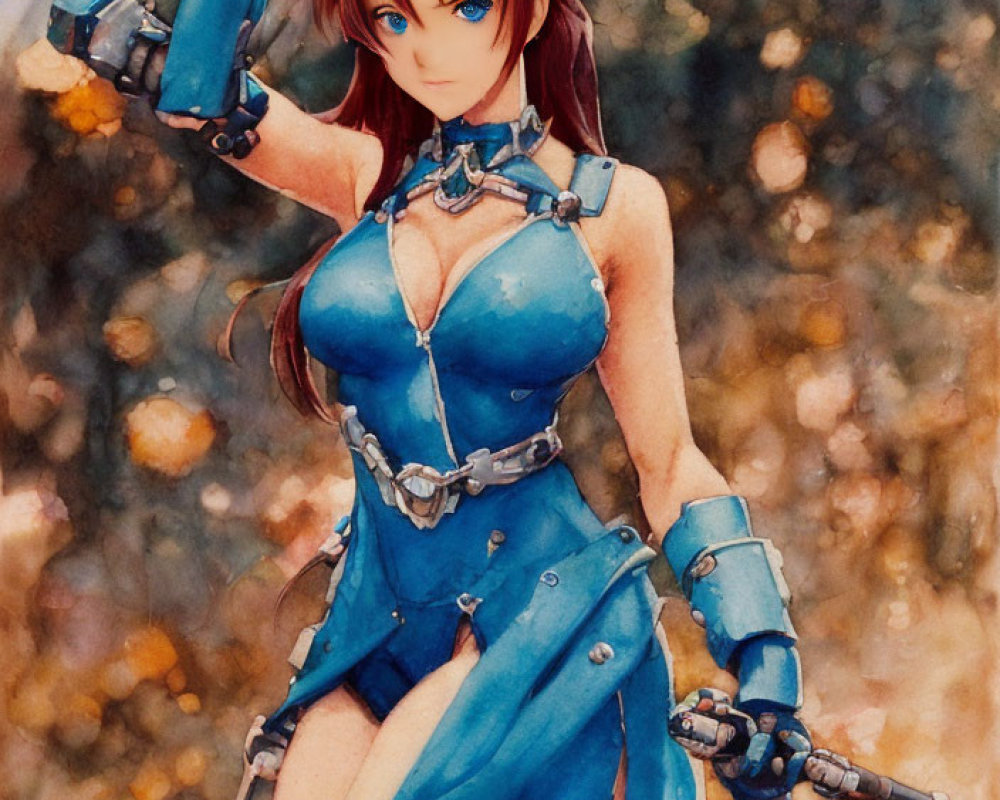 Anime female character with brown hair, blue eyes, blue outfit, chains, dual pistols