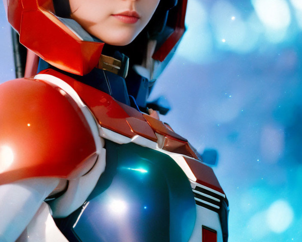 Futuristic red-and-white armored person in sci-fi setting