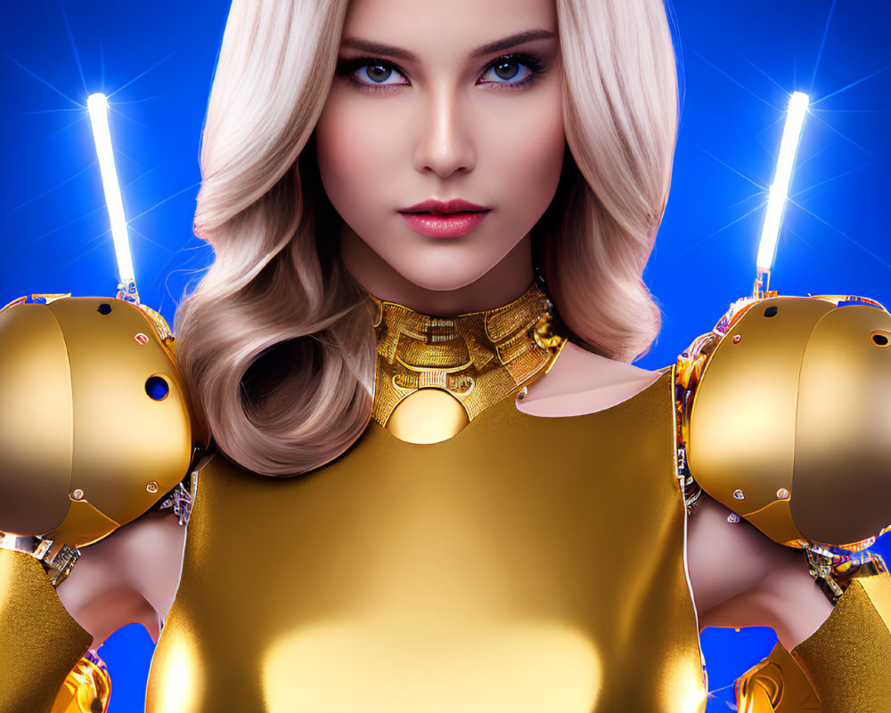 Blonde Woman in Futuristic Golden Armor 3D Illustration
