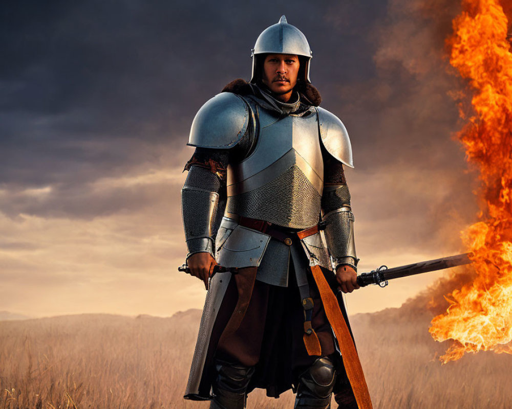 Medieval armor-clad figure with sword in fiery landscape.