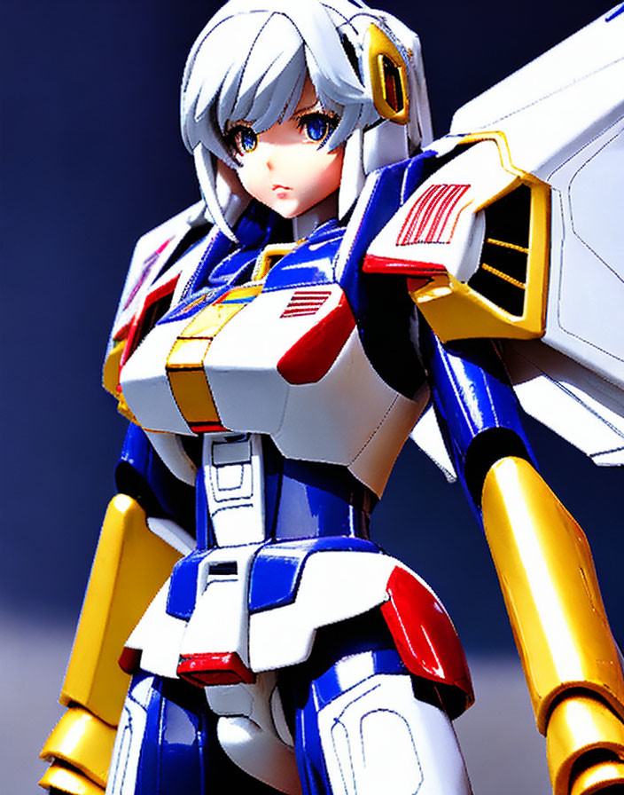 Detailed anime-style female mecha pilot figure in blue and white armor.