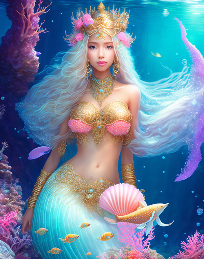 Mermaid with golden jewelry and blue tail in underwater scene surrounded by fish and coral reefs
