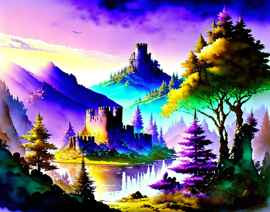 Fantasy landscape with two castles, mountains, trees, and lake under purple and yellow sky