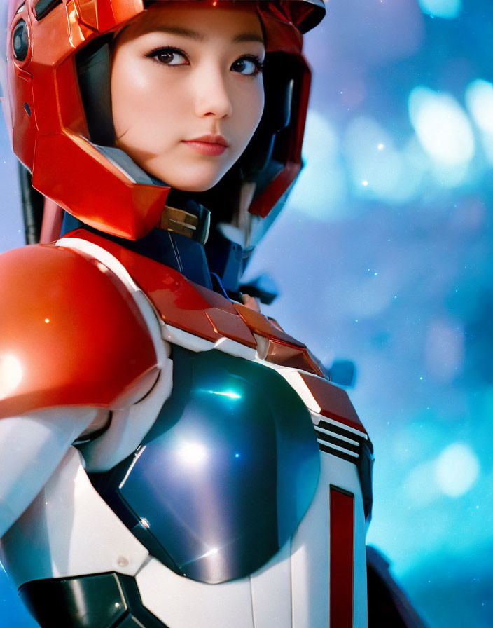 Futuristic red-and-white armored person in sci-fi setting
