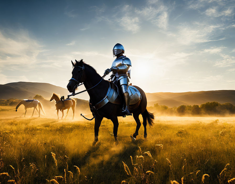 Knight on Horseback in Golden Field at Sunset with Other Riders