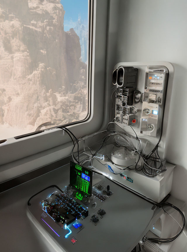 Futuristic console with screens and knobs in vehicle overlooking rocky terrain.