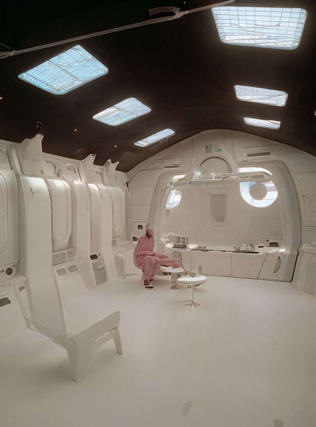 Futuristic white interior with large windows and person in pink suit