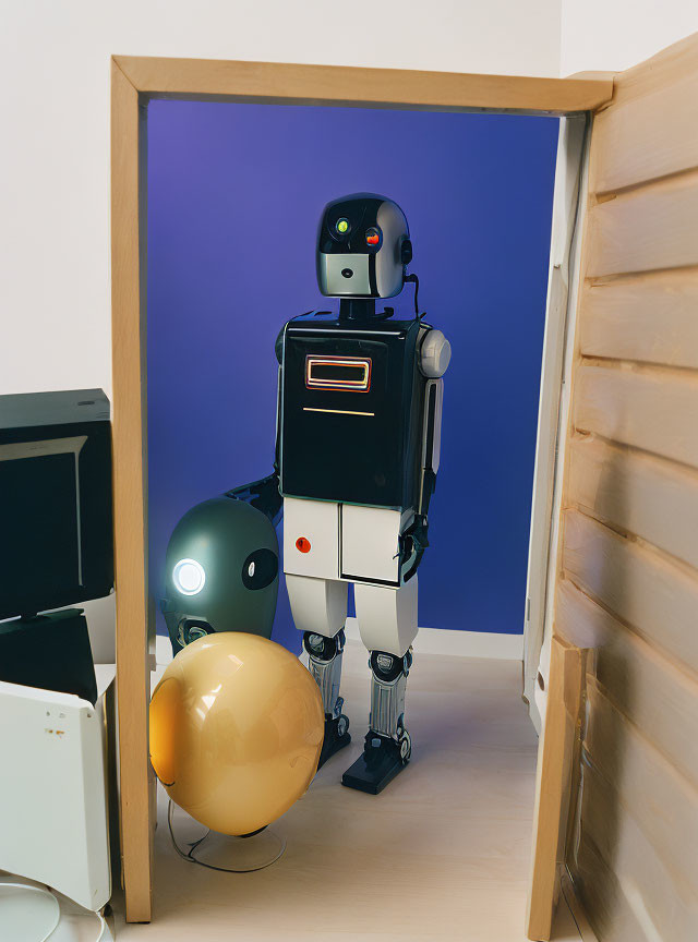 Two robots of different sizes peeking through a partially opened door with curiosity.