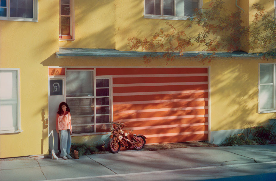 Person leaning against building next to red and white striped garage door with motorcycle parked nearby in golden sunlight