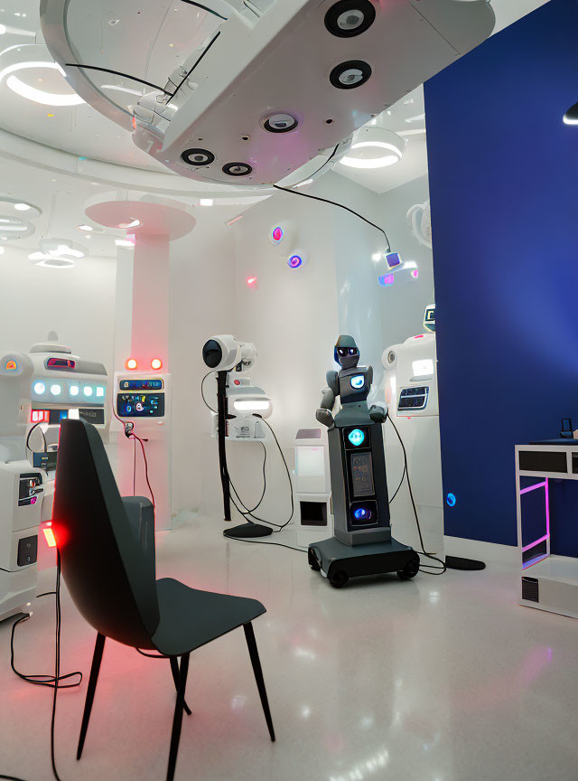 Futuristic medical room with humanoid robot and advanced devices