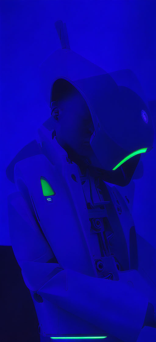 Futuristic armor-clad figure with glowing green lights on blue background
